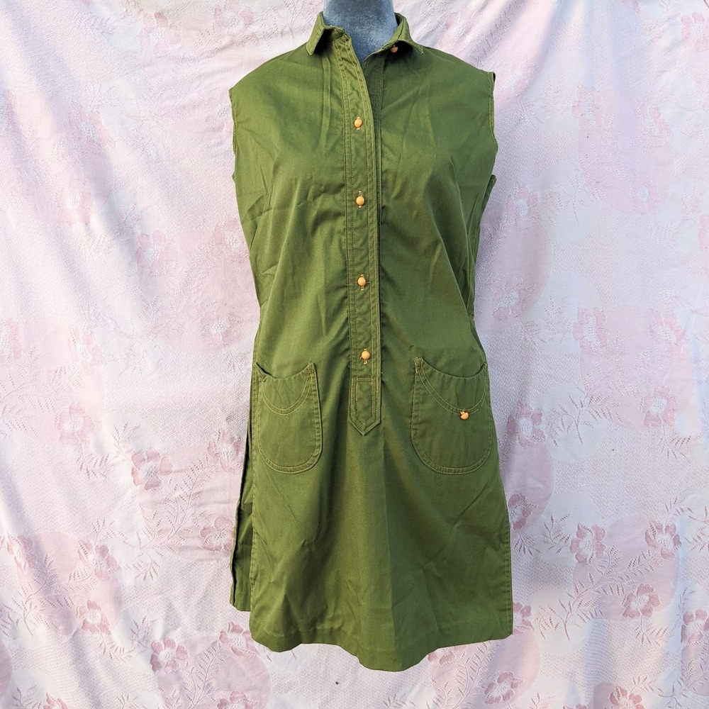 Vintage 60s 70s Mod Mini Dress M Olive Green Button Front Shift Twiggy Utility - Picture 8 of 14